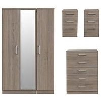 Swift Halton Part Assembled 4 Piece Package - 3 Door Mirrored Wardrobe, 5 Drawer Chest And 2 Bedside Chests